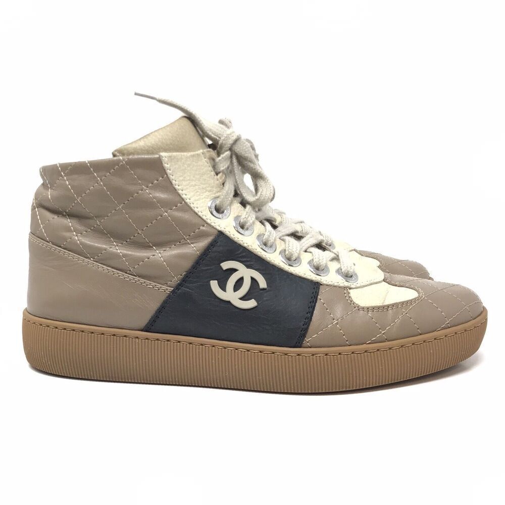 Chanel Leather Quilted Hightop Sneakers Size 37 Beige Black Lace Up Womens